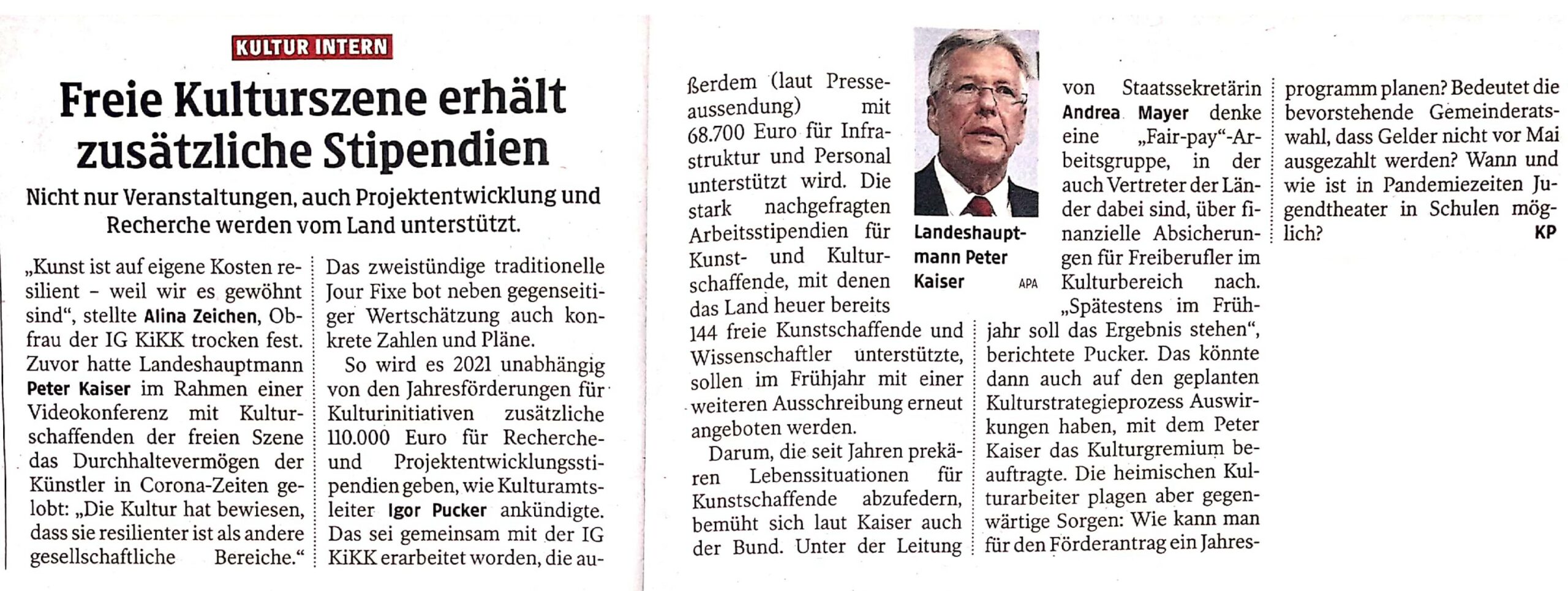 Bericht Kleine Zeitung Jour Fixe Kaiser 2020